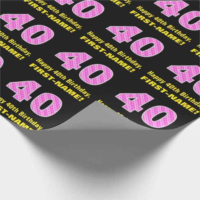 40th Birthday: Pink Stripes and Hearts "40" + Name Wrapping Paper (Corner)
