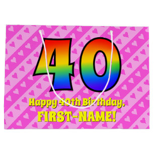 40th Birthday: Pink Stripes & Hearts, Rainbow # 40 Large Gift Bag