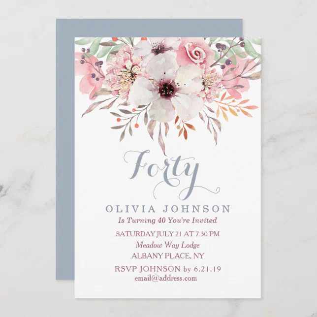 40th Birthday Pink Watercolor Floral Invitation | Zazzle