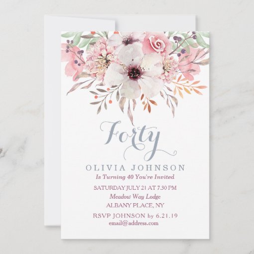 40th Birthday Pink Watercolor Floral Invitation | Zazzle