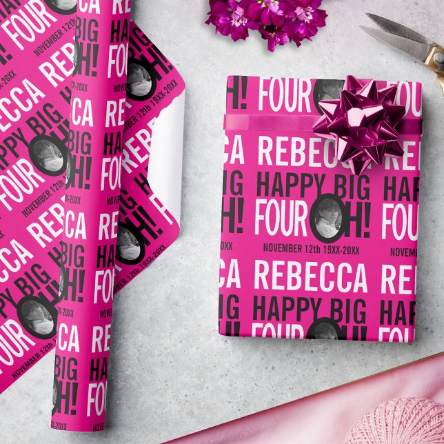 40th Birthday pink white black 40 custom photo Wrapping Paper (Creator Uploaded)