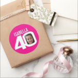 40th birthday pink white custom photo name favor classic round sticker<br><div class="desc">Happy Birthday 40 photo bright hot pink and white favor stickers. Celebrate a 40th Birthday with these fun graphic stickers. Personalize with a photograph of the birthday girl. Great idea for adding some fun to birthday party favors and gifts. Add your own name or thanks as required. Ideal to be...</div>