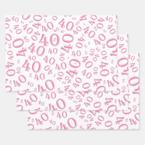 40th Birthday Pink  White Number Pattern 40 Wrapping Paper Sheets