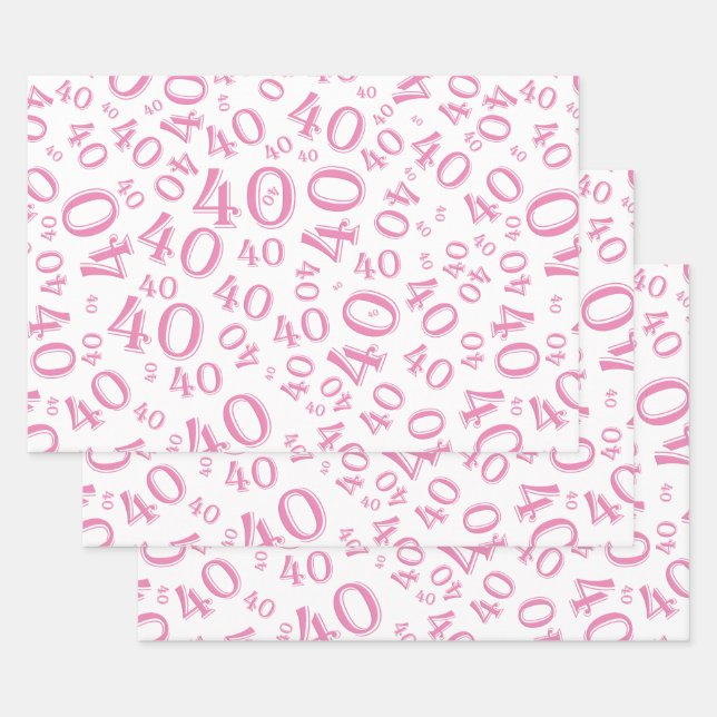 40th Birthday Pink & White Number Pattern 40 Wrapping Paper Sheets (Set)