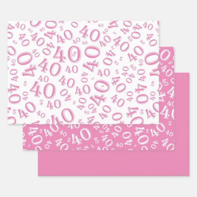 40th Birthday Pink & White Number Pattern 40 Wrapping Paper Sheets (Set)