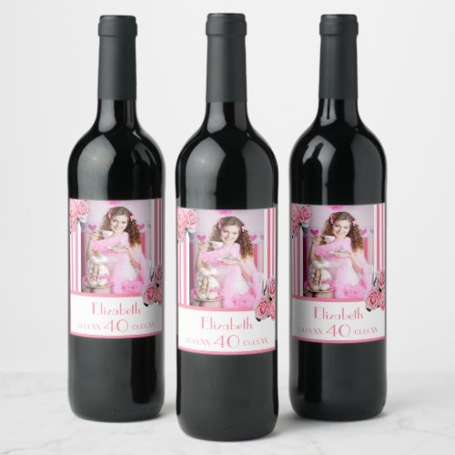 40th birthday pink white stripes floral photo name wine label