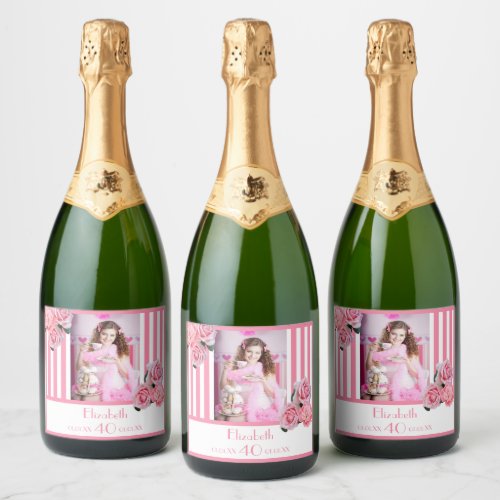 40th birthday pink white stripes floral photo sparkling wine label