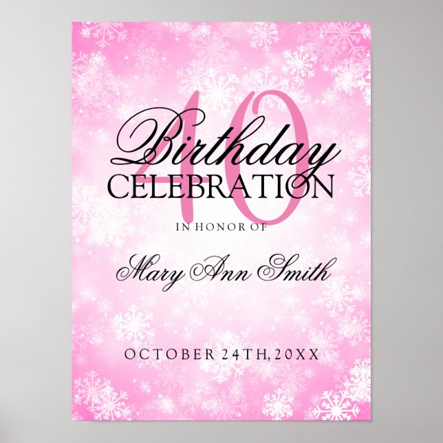 40th Birthday Pink Winter Wonderland Poster (Front)