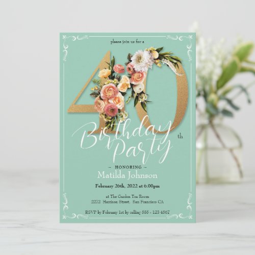 40th Birthday Pretty Glamorous Gold Mint Floral  Invitation