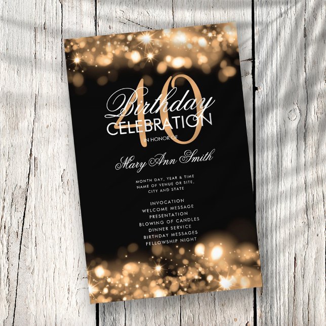 40th Birthday Program Glam Lights Gold Menu  Flyer (Creator Uploaded)