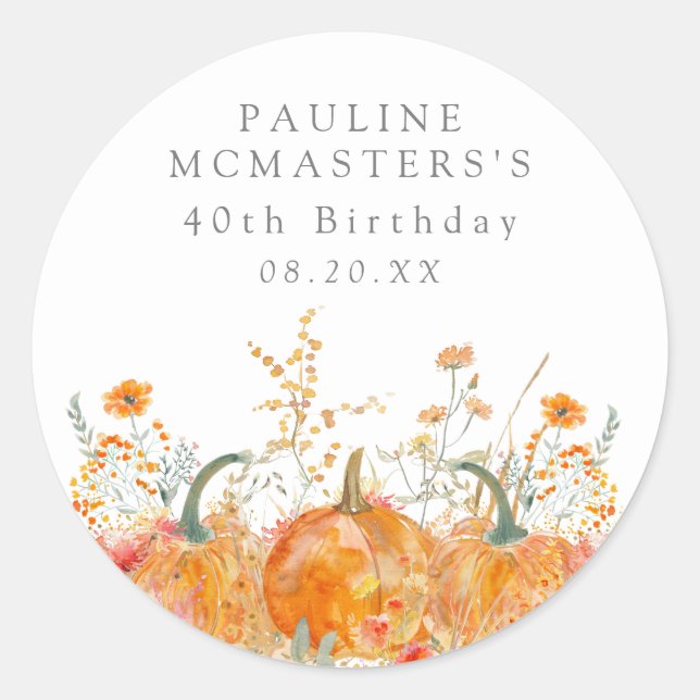 40th Birthday Pumpkin Wildflower Custom Favor Classic Round Sticker (Front)