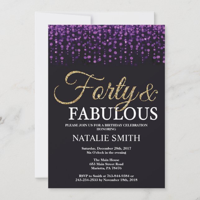 40th Birthday Purple and Gold Glitter Invitation (Front)