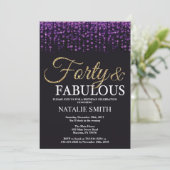 40th Birthday Purple and Gold Glitter Invitation (Standing Front)
