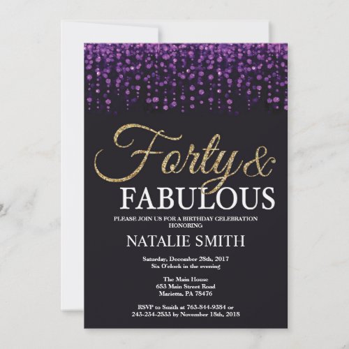 40th Birthday Purple and Gold Glitter Invitation