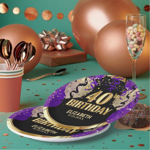 40th Birthday _ Purple Balloons Paper Plates
