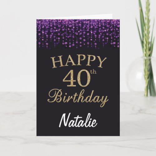 40th Birthday Purple Black and Gold Glitter Card