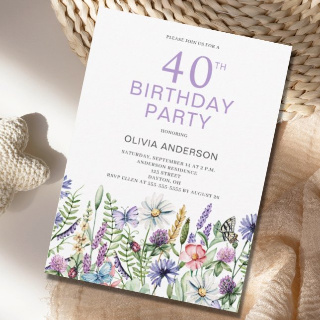 40th Birthday Purple Floral Botanical  Invitation (Creator Uploaded)