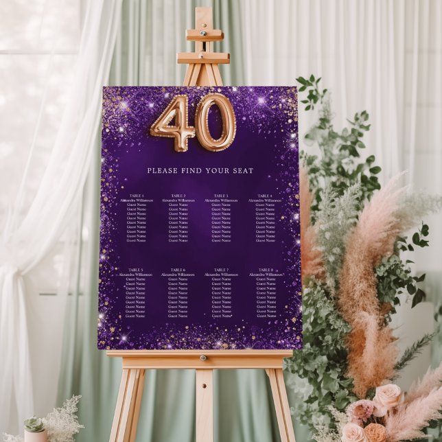 40th birthday purple glitter seating chart foam board (Creator Uploaded)