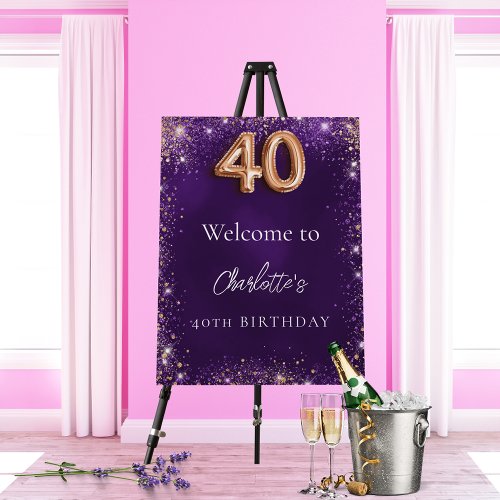 40th birthday purple glitter sparkles welcome foam board