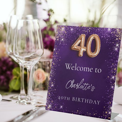 40th birthday purple glitter sparkles welcome pedestal sign