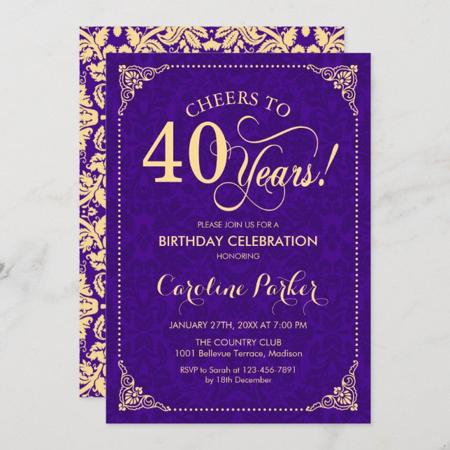 40th Birthday - Purple Gold Damask Invitation (Front/Back)