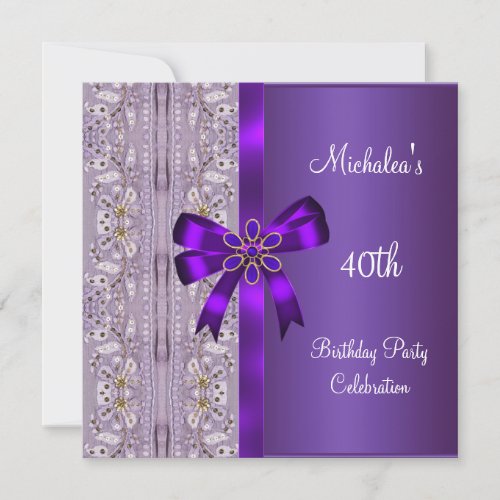 40th Birthday Purple Gold Floral Jewel Bow Invites