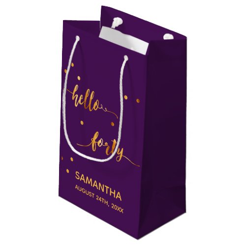 40th birthday purple gold hello 40 name script small gift bag