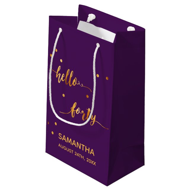 40th birthday purple gold hello 40 name script small gift bag (Back Angled)