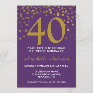 40th Birthday Purple Gold Modern Confetti Dots Invitation
