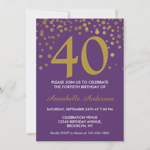 40th Birthday Purple Gold Modern Confetti Dots Invitation
