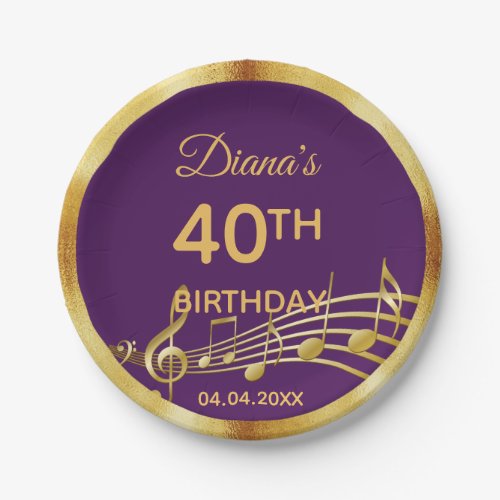 40th birthday purple gold music notes name paper plates