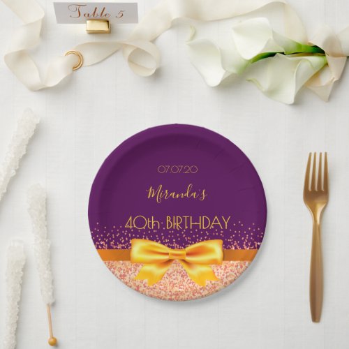 40th birthday purple gold name bow paper plates