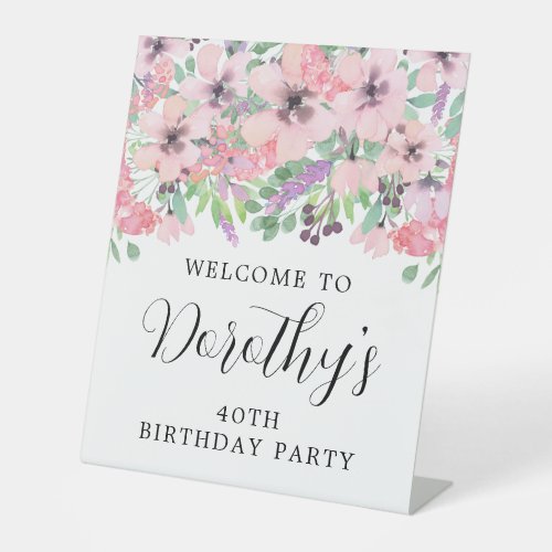 40th Birthday Purple Pink Wildflower Welcome Pedestal Sign