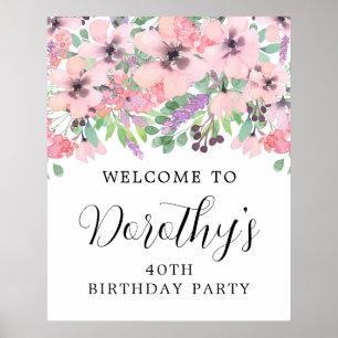 40th Birthday Purple Pink Wildflower Welcome Sign