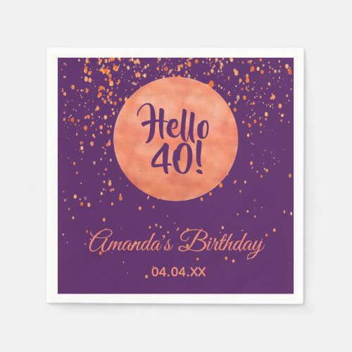 40th birthday purple rose gold confetti hello 40 napkins