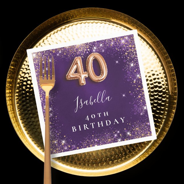 40th birthday purple rose gold sparkles name napkins (Creator Uploaded)