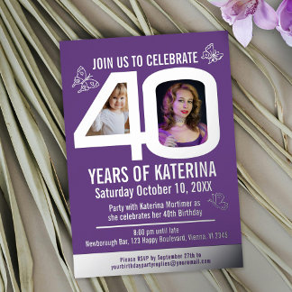 40th Birthday purple silver foil photo butterflies Invitation