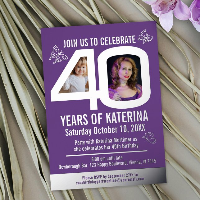 40th Birthday purple silver foil photo butterflies Invitation (Creator Uploaded)