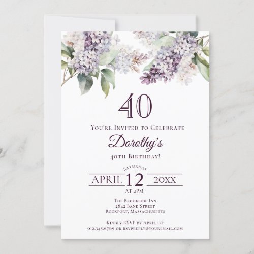40th Birthday Purple Spring Lilac Flower Invitation
