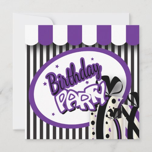40th Birthday  Purple White  Black Stripes Invitation