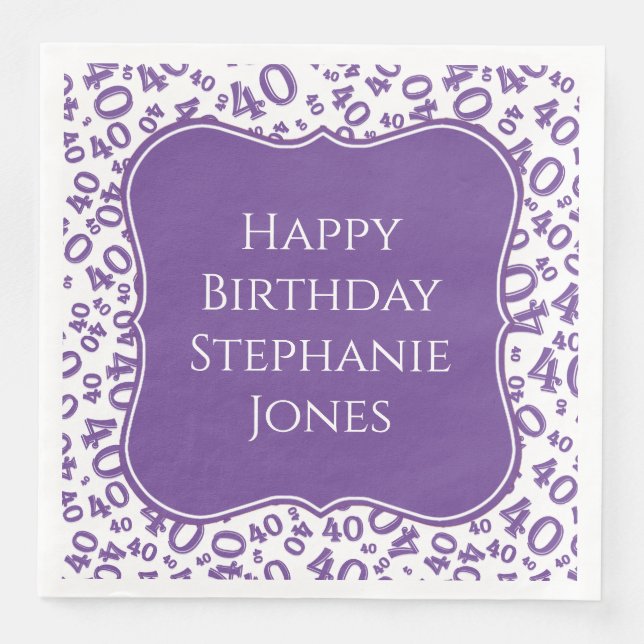 40th Birthday Purple/White Bracket Number Pattern Paper Dinner Napkins (Front)