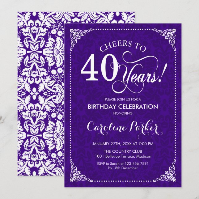 40th Birthday - Purple White Damask Invitation (Front/Back)