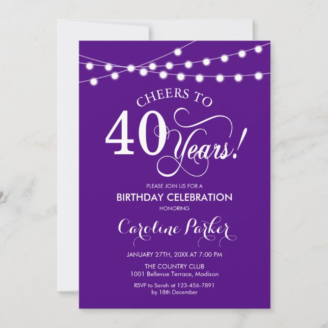 40th Birthday - Purple White Invitation (Front)