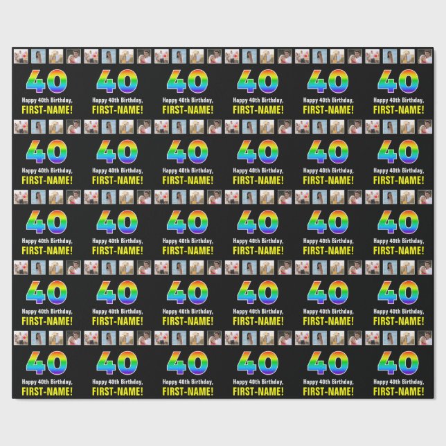 40th Birthday: Rainbow “40“; Custom Photos & Name Wrapping Paper (Seam)