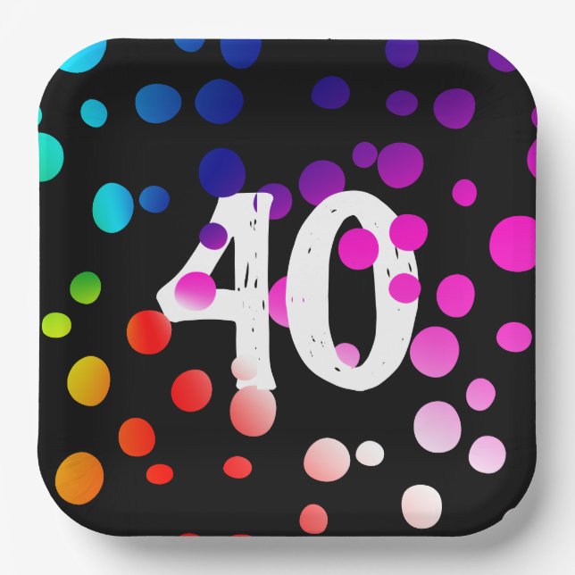 40th Birthday Rainbow Dots on Black Paper Plates (Front)