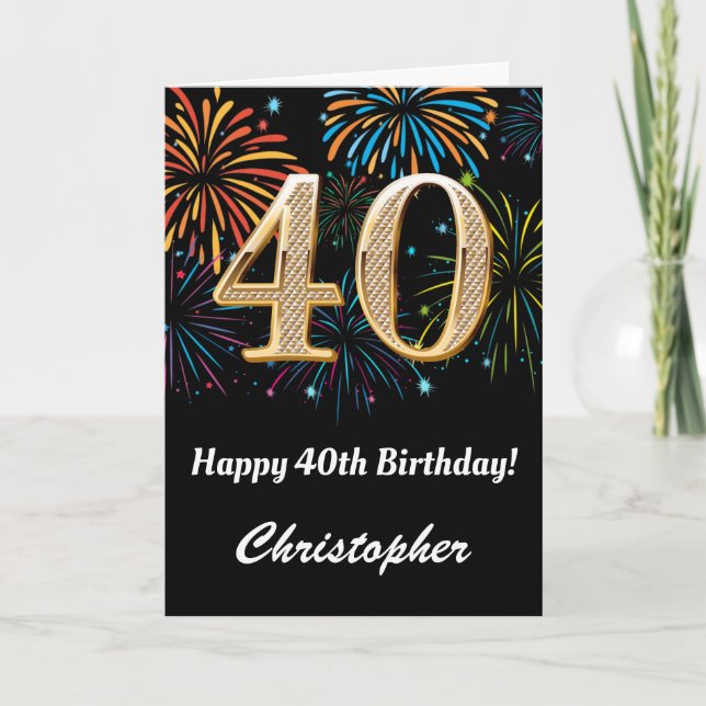 40th Birthday Rainbow Fireworks Black and Gold Card (Front)