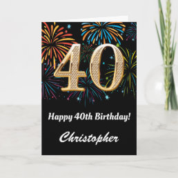 40th Birthday Rainbow Fireworks Black and Gold Card