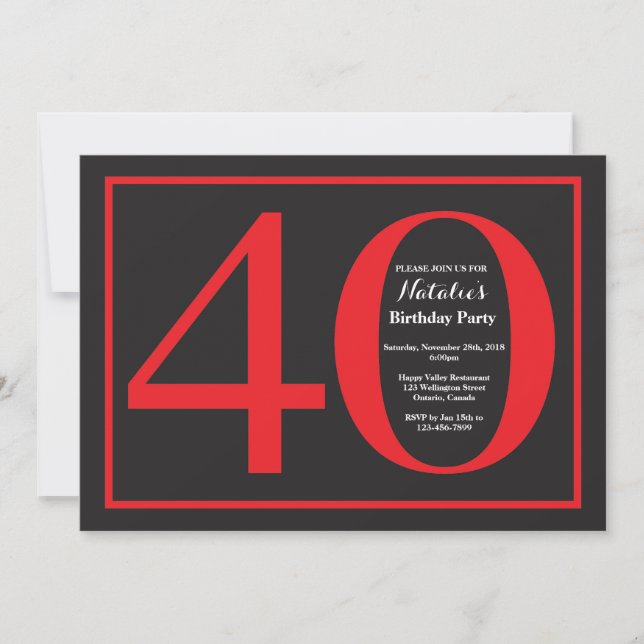 40th Birthday Red and Black Chalkboard Invitation (Front)