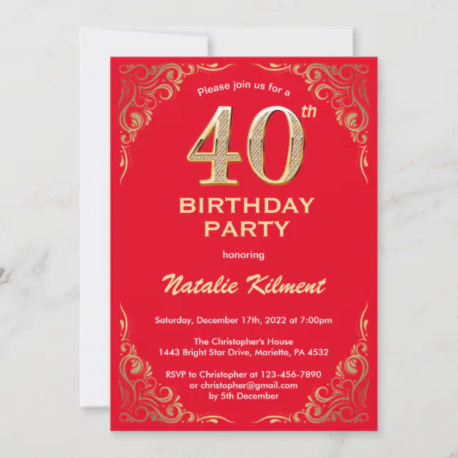 40th Birthday Red and Gold Glitter Frame Invitation | Zazzle