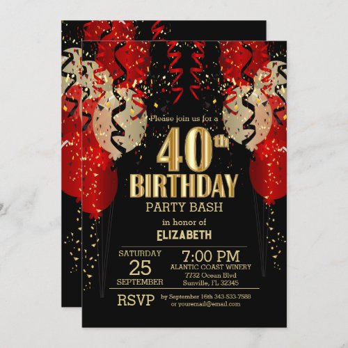 40th Birthday _ Red Balloons  Invitation